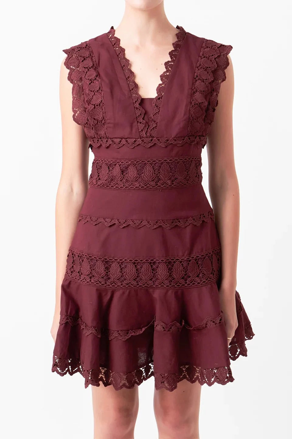 Plunging Neck Lace Trim Dress