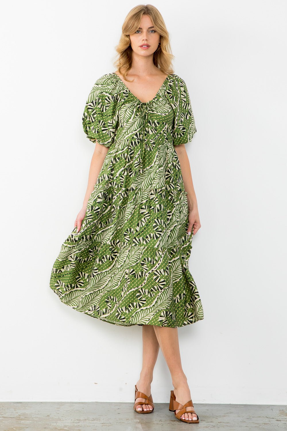 Puff Sleeve Print Tiered Dress